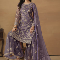 Purple Net Embroidered Sharara Suit