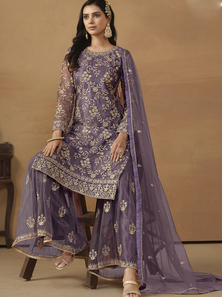 Purple Net Embroidered Sharara Suit
