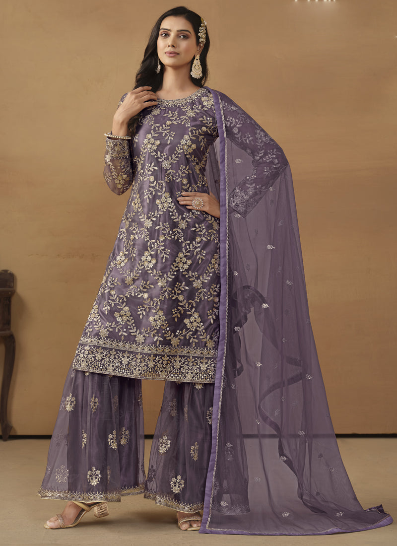 Purple Net Embroidered Sharara Suit