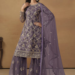 Purple Net Embroidered Sharara Suit