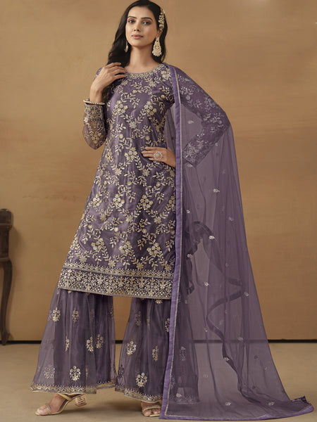 Purple Net Embroidered Sharara Suit