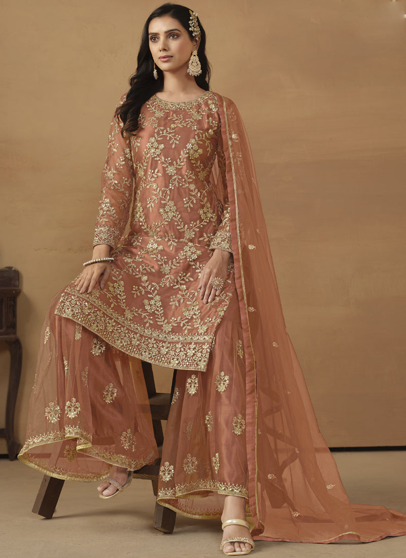 Orange Net Embroidered Sharara Suit