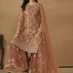 Orange Net Embroidered Sharara Suit