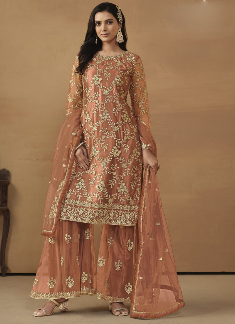 Orange Net Embroidered Sharara Suit