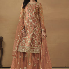 Orange Net Embroidered Sharara Suit
