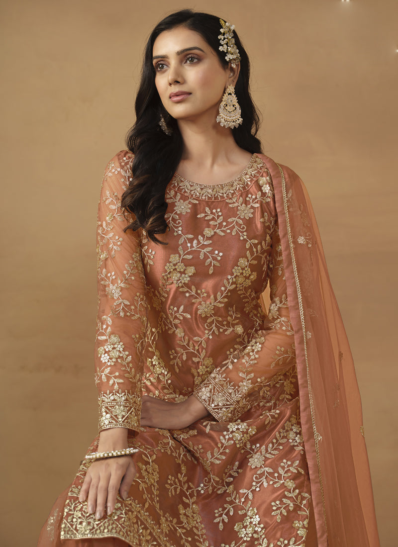 Orange Net Embroidered Sharara Suit
