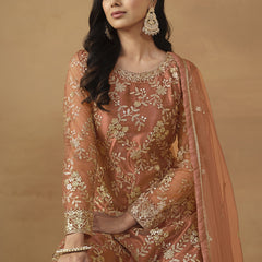Orange Net Embroidered Sharara Suit