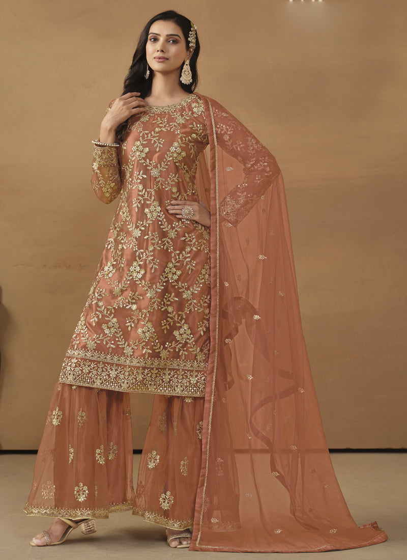 Orange Net Embroidered Sharara Suit
