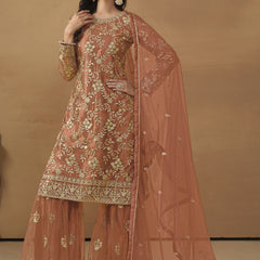 Orange Net Embroidered Sharara Suit