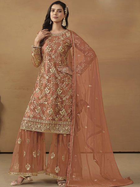 Orange Net Embroidered Sharara Suit