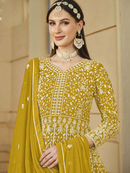 Designer Yellow Faux Georgette Embroidery Anarkali Suit