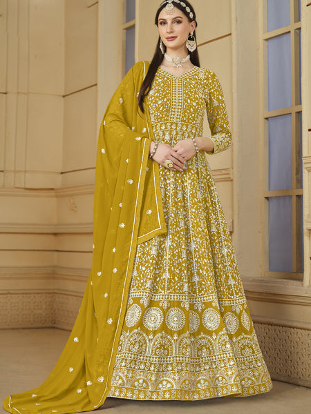 Designer Yellow Faux Georgette Embroidery Anarkali Suit