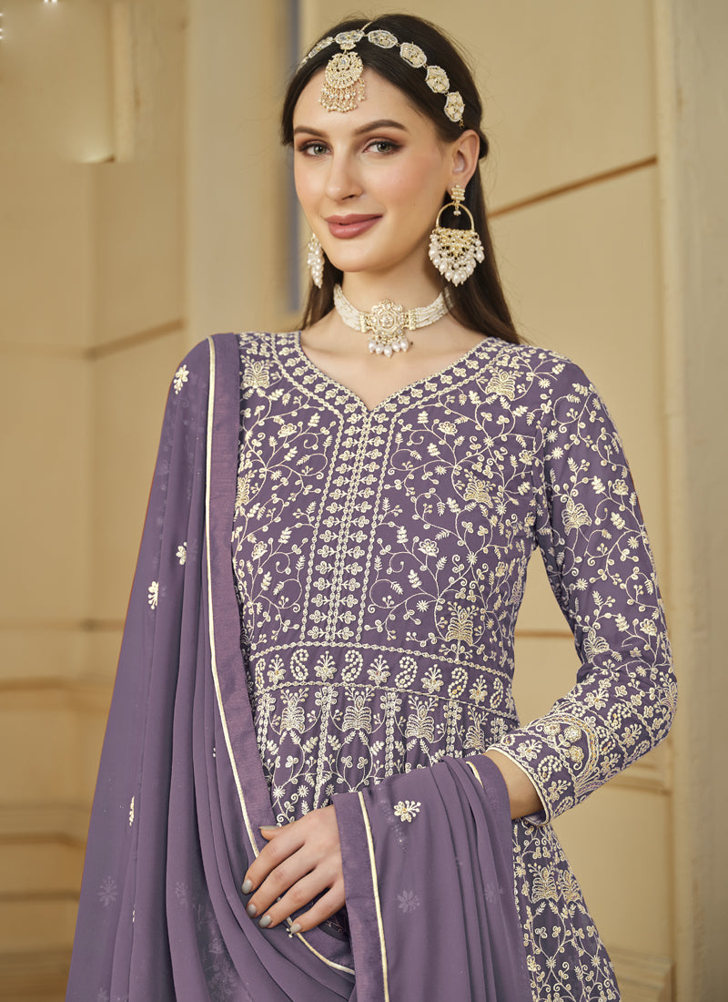 Designer Lavender Faux Georgette Embroidery Anarkali Suit