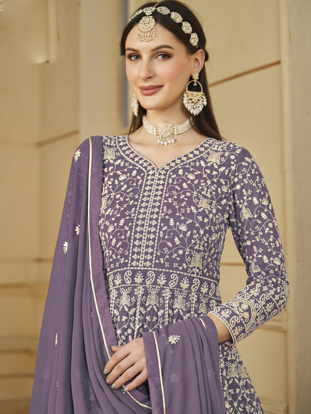 Designer Lavender Faux Georgette Embroidery Anarkali Suit