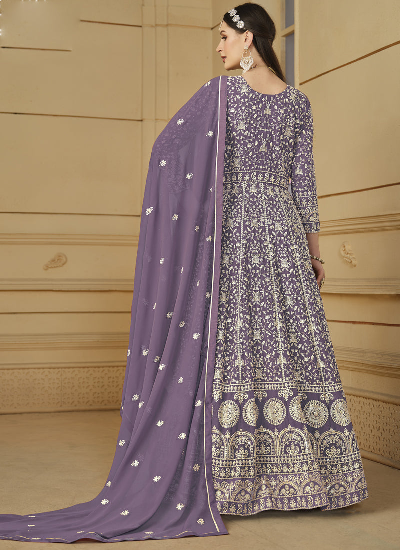 Designer Lavender Faux Georgette Embroidery Anarkali Suit