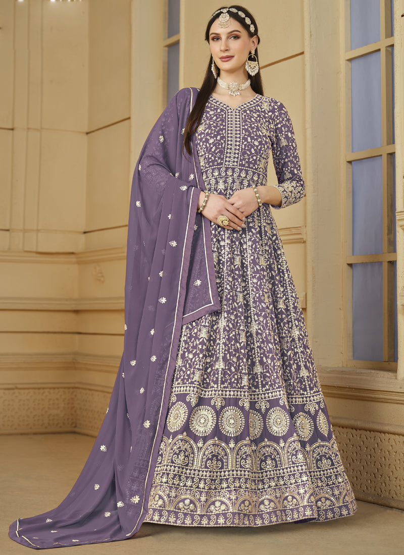 Designer Lavender Faux Georgette Embroidery Anarkali Suit
