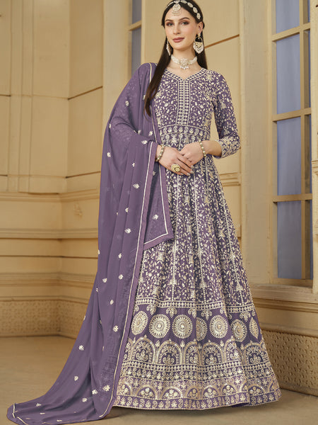 Designer Lavender Faux Georgette Embroidery Anarkali Suit