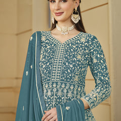 Designer Grey Faux Georgette Embroidery Anarkali Suit