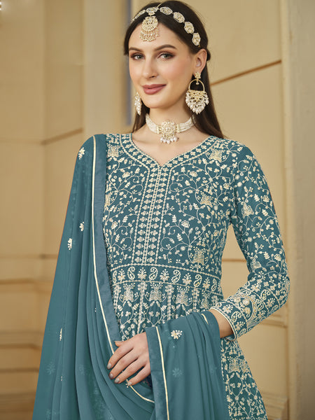 Designer Grey Faux Georgette Embroidery Anarkali Suit