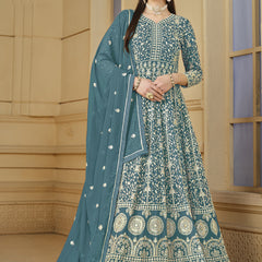 Designer Grey Faux Georgette Embroidery Anarkali Suit