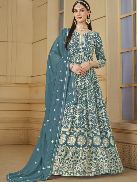 Designer Grey Faux Georgette Embroidery Anarkali Suit