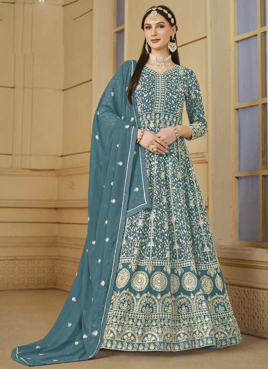 Designer Grey Faux Georgette Embroidery Anarkali Suit