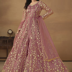 Onion Pink Net Emboidered Wedding Wear Anarkali Suit