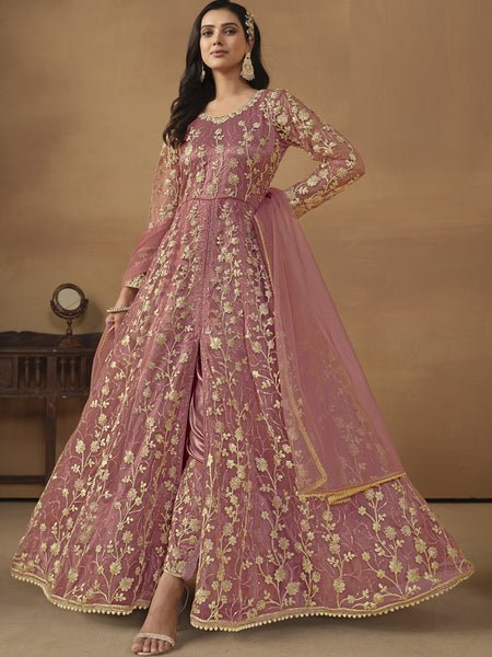 Onion Pink Net Emboidered Wedding Wear Anarkali Suit