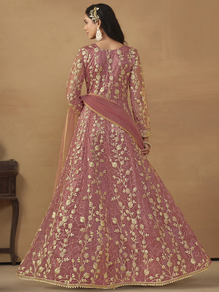 Onion Pink Net Emboidered Wedding Wear Anarkali Suit