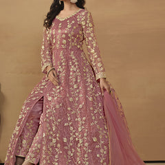 Onion Pink Net Emboidered Wedding Wear Anarkali Suit