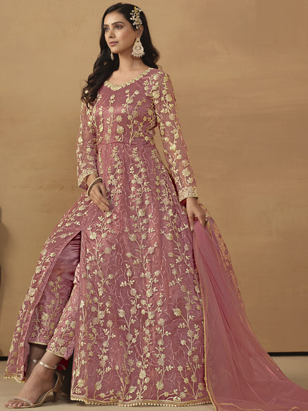 Onion Pink Net Emboidered Wedding Wear Anarkali Suit