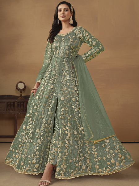 Pista Green Net Emboidered Wedding Wear Anarkali Suit