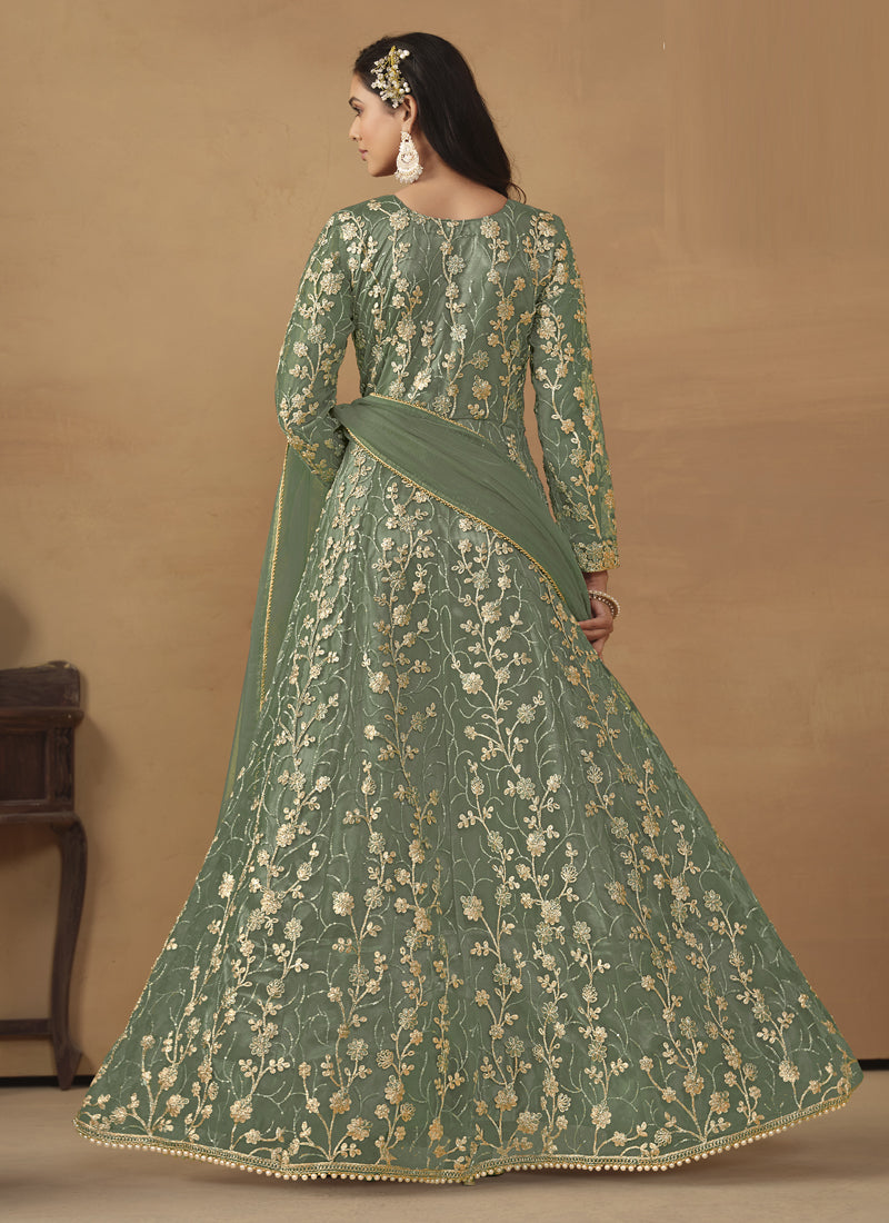 Pista Green Net Emboidered Wedding Wear Anarkali Suit