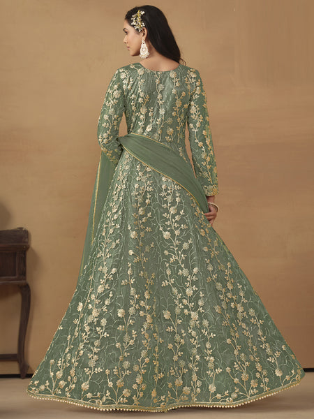 Pista Green Net Emboidered Wedding Wear Anarkali Suit