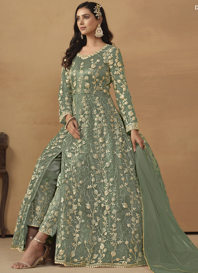Pista Green Net Emboidered Wedding Wear Anarkali Suit