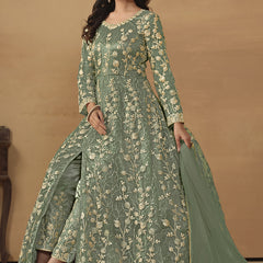Pista Green Net Emboidered Wedding Wear Anarkali Suit