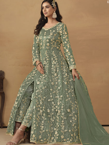 Pista Green Net Emboidered Wedding Wear Anarkali Suit