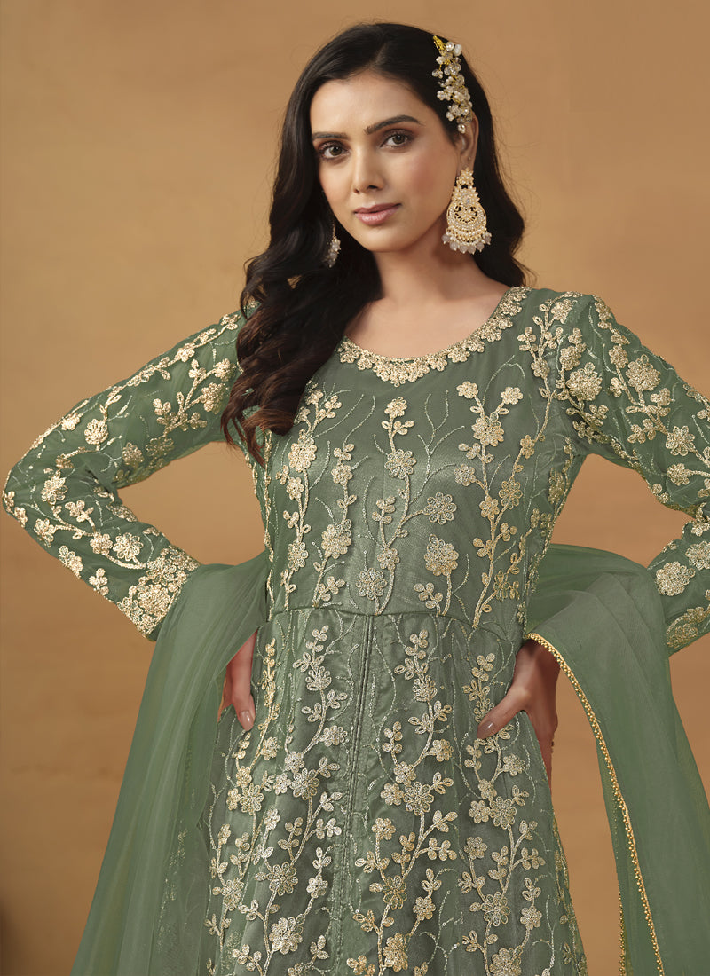 Pista Green Net Emboidered Wedding Wear Anarkali Suit
