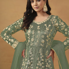 Pista Green Net Emboidered Wedding Wear Anarkali Suit