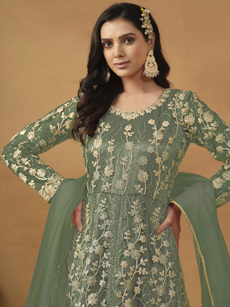 Pista Green Net Emboidered Wedding Wear Anarkali Suit