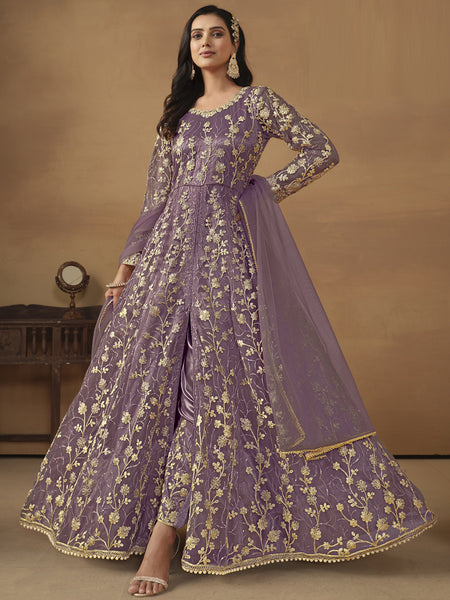 Lavender Net Emboidered Wedding Wear Anarkali Suit