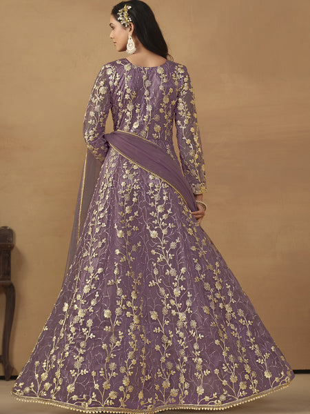 Lavender Net Emboidered Wedding Wear Anarkali Suit