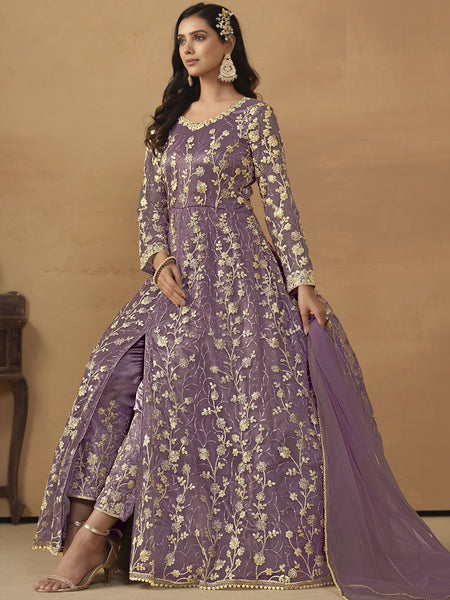 Lavender Net Emboidered Wedding Wear Anarkali Suit
