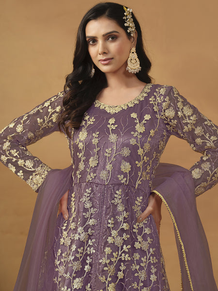 Lavender Net Emboidered Wedding Wear Anarkali Suit