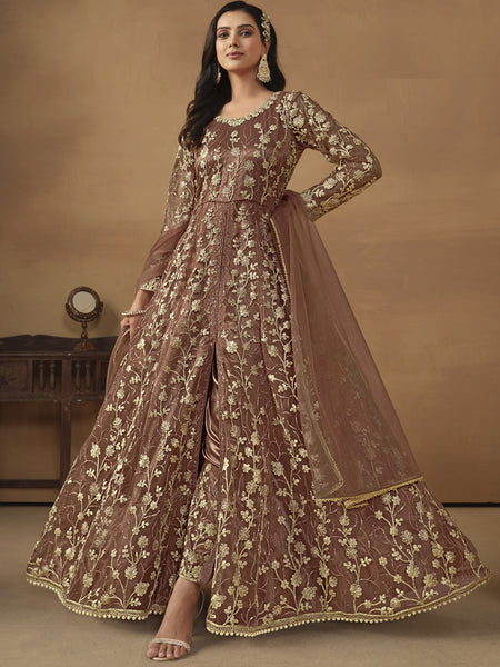 Brown Net Emboidered Wedding Wear Anarkali Suit
