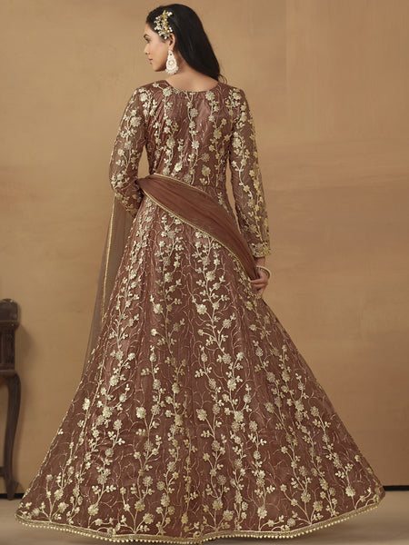 Brown Net Emboidered Wedding Wear Anarkali Suit