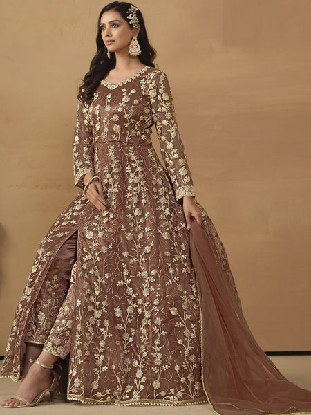 Brown Net Emboidered Wedding Wear Anarkali Suit