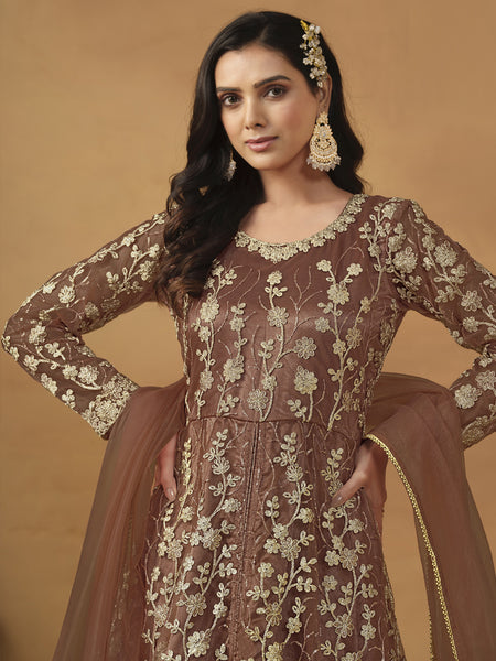 Brown Net Emboidered Wedding Wear Anarkali Suit