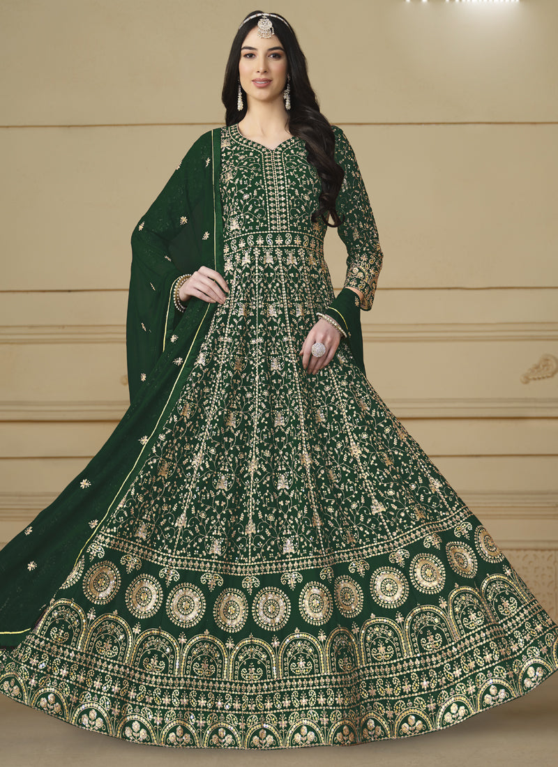 Designer Green Faux Georgette Embroidery Anarkali Suit