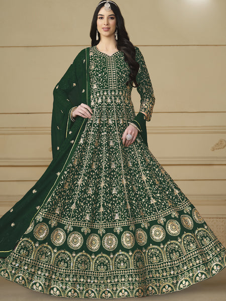 Designer Green Faux Georgette Embroidery Anarkali Suit
